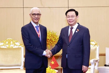 Chủ tịch Quốc hội Vương Đình Huệ gặp Chủ tịch Hạ viện Maroc Rachid Talbi Alami. (Ảnh: Doãn Tuấn/TTXVN)
