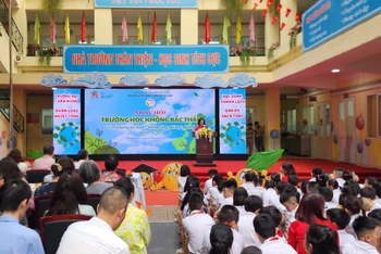 Cô Nguyễn Diệu Ánh, Hiệu trưởng Trường tiểu học Trần Nhật Duật phát biểu tại lễ tổng kết dự án.