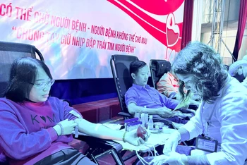 Công tác tuyên truyền, vận động về ý nghĩa nhân đạo của việc hiến máu tình nguyện được tỉnh Ninh Bình đẩy mạnh bằng nhiều hình thức; trong đó, Lễ hội Xuân hồng được tổ chức nhằm đáp ứng nhu cầu cấp thiết sử dụng nguồn máu dự trữ trong cấp cứu bệnh nhân dịp Tết. (Ảnh: Yến Trinh) 