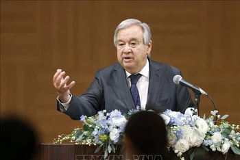 Tổng Thư ký LHQ Antonio Guterres phát biểu tại cuộc họp báo ở Hiroshima, Nhật Bản, ngày 6/8/2022. (Ảnh: Kyodo/ TTXVN)