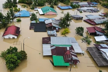 Nhiều ngôi nhà chìm trong nước lũ sau những trận mưa lớn ở Yong Peng, bang Johor (Malaysia), ngày 4/3/2023. (Ảnh: AFP/TTXVN)