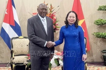 Phó Chủ tịch nước Võ Thị Ánh Xuân tiếp Ủy viên Bộ Chính trị, Phó Chủ tịch nước Cuba Salvador Valdes Mesa. (Ảnh: TTXVN) 