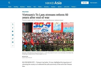 Báo Nikkei Asia của Nhật Bản đưa tin về niềm tự hào của người dân Việt Nam trong Lễ kỷ niệm 50 năm Ngày Giải phóng miền nam, thống nhất đất nước, ngày 30/4. (Ảnh chụp màn hình)