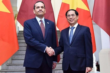 Bộ trưởng Ngoại giao Bùi Thanh Sơn và Phó Thủ tướng, Bộ trưởng Ngoại giao Nhà nước Qatar Sheikh Mohammed bin Abdulrahman Al-Thani. (Ảnh: TTXVN)
