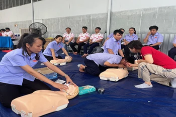 Các nhân viên y tế của Trung tâm Dịch vụ Nhân đạo tập huấn sơ cứu cho người lao động Công ty cổ phần Lương thực-Thực phẩm Colusa-Miliket