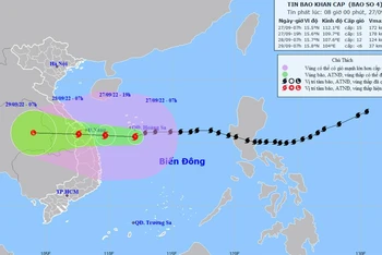 Vị trí và hướng di chuyển của bão số 4. (Nguồn: nchmf.gov.vn)