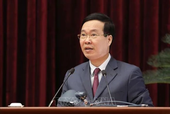 Thường trực Ban Bí thư Võ Văn Thưởng phát biểu tại buổi gặp mặt. (Ảnh: TTXVN)