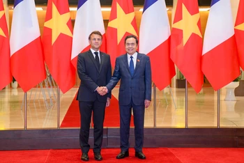 Chủ tịch Quốc hội Trần Thanh Mẫn và Tổng thống Pháp Emmanuel Macron. (Ảnh: Đăng Anh)