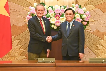 Chủ tịch Quốc hội Vương Đình Huệ và Thượng Nghị sĩ Mike Carpo, Trưởng đoàn Nghị sĩ Quốc hội Hoa Kỳ tại buổi tiếp. (Ảnh: Duy Linh)