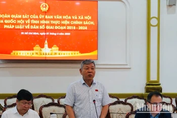 Đồng chí Nguyễn Hoàng Mai, Phó Chủ nhiệm Ủy ban Văn hóa-Xã hội của Quốc hội phát biểu tại buổi làm việc