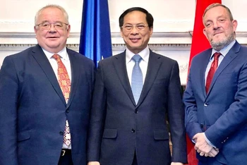 Chủ tịch Thượng viện Jerry Buttimer và Chủ tịch Hạ viện Seán Ó Fearghaíl cùng chụp ảnh với Bộ trưởng Ngoại giao Bùi Thanh Sơn tại buổi gặp.