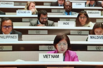 Đại sứ Lê Thị Tuyết Mai, Trưởng Phái đoàn đại diện Việt Nam tại Geneva phát biểu tại Phiên họp ngày 21/10. (Ảnh: baoquocte.vn)
