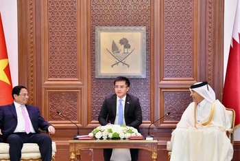 Thủ tướng Chính phủ Phạm Minh Chính hội kiến Chủ tịch Quốc hội Qatar Hassan bin Abdullah Al Ghanim (Ảnh: Thanh Giang).
