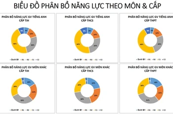 Biểu đồ phân bổ năng lực tiếng Anh theo môn và cấp học.