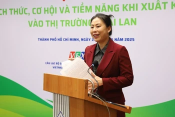 Bà Hồ Thị Quyên, Phó Giám đốc Trung tâm Xúc tiến Thương mại và Đầu tư Thành phố Hồ Chí Minh, phát biểu tại Hội thảo.