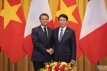 Chủ tịch nước Lương Cường và Tổng thống Pháp Emmanuel Macron tại hội đàm. (Ảnh THỦY NGUYÊN)