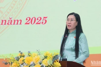 Đồng chí Bùi Thị Quỳnh Vân, Ủy viên Trung ương Đảng, Bí thư Tỉnh ủy, Chủ tịch Hội đồng nhân dân tỉnh Quảng Ngãi phát biểu tại kỳ họp.