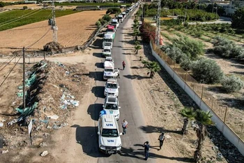 Đoàn xe tải chở hàng viện trợ di chuyển từ Ai Cập qua cửa khẩu Rafah vào Dải Gaza, ngày 21/10/2023. Ảnh: AFP/TTXVN
