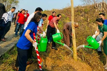 Đại diện các đơn vị trồng cây hoa ban tại di tích đồi A1.