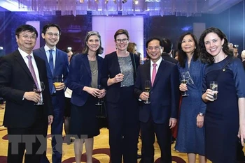 Bộ trưởng Ngoại giao Bùi Thanh Sơn và các đại biểu mừng kỷ niệm 50 năm quan hệ ngoại giao giữa hai nước. (Ảnh: TTXVN)