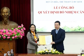 Thứ trưởng Trịnh Thị Thủy trao quyết định cho ông Nguyễn Anh Vũ. (Ảnh: TTXVN)
