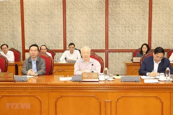Tổng Bí thư Nguyễn Phú Trọng phát biểu kết luận cuộc họp. (Ảnh: TTXVN)