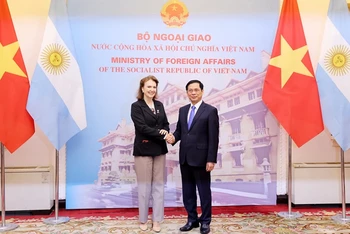 Bộ trưởng Ngoại giao Bùi Thanh Sơn tiếp Bộ trưởng Ngoại giao, Ngoại thương và Tôn giáo Argentina Diana Elena Mondino. (Ảnh: Lâm Khánh/TTXVN)