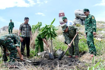 Bí thư Tỉnh ủy Kiên Giang Nguyễn Tiến Hải (thứ 2, từ phải qua) trồng cây lưu niệm tại điểm cơ sở A1 trên Hòn Nhạn, thuộc xã đảo Thổ Châu. (Ảnh: PHƯƠNG VŨ)