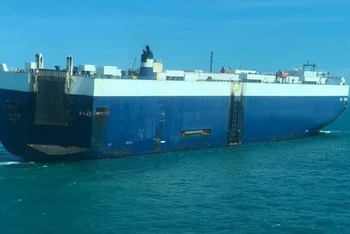 Tàu AH SHIN trên vùng biển Vũng Tàu chiều 5/2, lúc này đám cháy vẫn chưa được kiểm soát. (Ảnh: Cơ quan chức năng cung cấp)