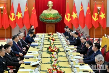 Quang cảnh hội đàm tại giữa Tổng Bí thư Tô Lâm và Tổng Bí thư, Chủ tịch Trung Quốc Tập Cận Bình tại Trụ sở Trung ương Đảng. (Ảnh: ĐĂNG KHOA) 