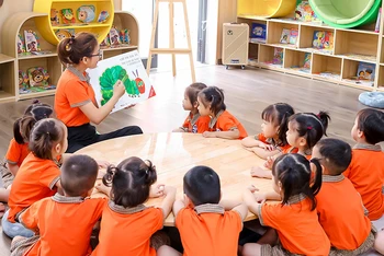 Giờ học tại Trường mầm non Tuổi thơ (quận Hoàng Mai, Hà Nội).