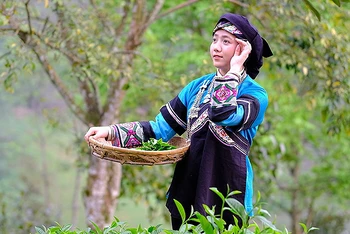 Thí sinh Lồ Phà Tú Anh và bộ trang phục truyền thống dân tộc Bố Y trong tác phẩm dự thi.