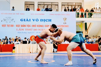 Một pha tranh tài trong giải vô địch vật tự do-vật dân tộc Cúp Báo Hải Phòng.
