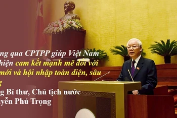 Tổng Bí thư, Chủ tịch nước Nguyễn Phú Trọng trình bày Tờ trình về việc đề nghị Quốc hội phê chuẩn CPTPP và các văn kiện liên quan tại kỳ họp thứ 6 Quốc hội khóa XIV. (Ảnh: Duy Linh)