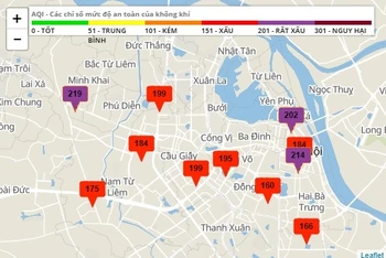 Chỉ số chất lượng không khí Hà Nội lúc 14 giờ ngày 23-2 của Chi cục Bảo vệ môi trường Hà Nội. Các điểm đo không khí đều ở mức xấu và rất xấu.