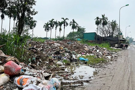 Tình trạng đổ trộm rác thải diễn ra thường xuyên dọc Đại lộ Thăng Long, Hà Nội. (Ảnh: MẠNH HIỂN)