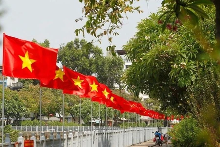 Cờ hoa rực rỡ chào mừng 50 năm Ngày Giải phóng miền Nam, thống nhất đất nước treo dọc tuyến đường Hoàng Sa, kênh Nhiêu Lộc Thị Nghè (đoạn qua Quận 1). (Ảnh: TTXVN)