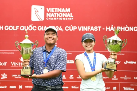 Các tay golf trẻ Nguyễn Đức Sơn và Lê Chúc An đăng quang nội dung nam và nữ Giải vô địch golf quốc gia 2024. 