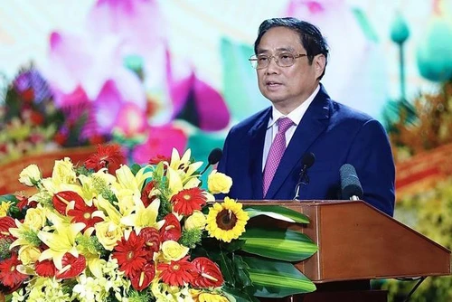 Thủ tướng Phạm Minh Chính đọc diễn văn kỷ niệm 100 năm Ngày sinh Thủ tướng Võ Văn Kiệt. (Ảnh: TTXVN)