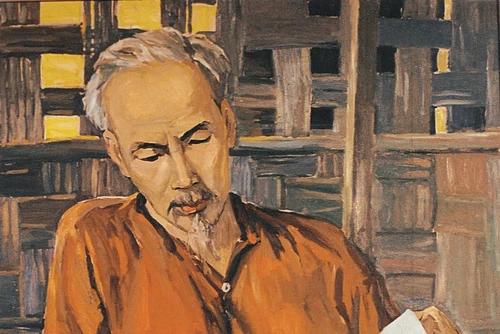 "Bác Hồ đọc Báo Nhân Dân" - tranh của họa sĩ Ngọc Hùng.