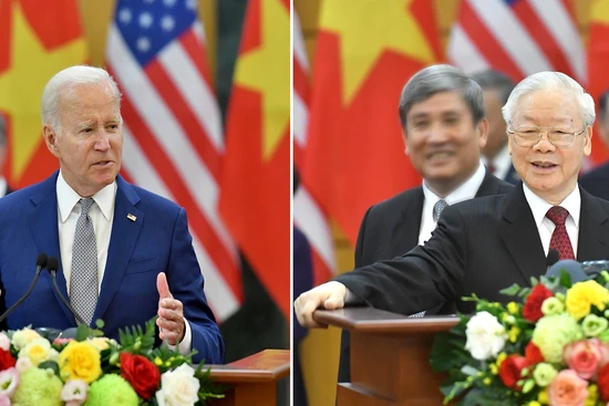Tổng Bí thư Nguyễn Phú Trọng và Tổng thống Hoa Kỳ Joe Biden phát biểu tại cuộc họp báo chung sau hội đàm. Ảnh: ĐĂNG KHOA