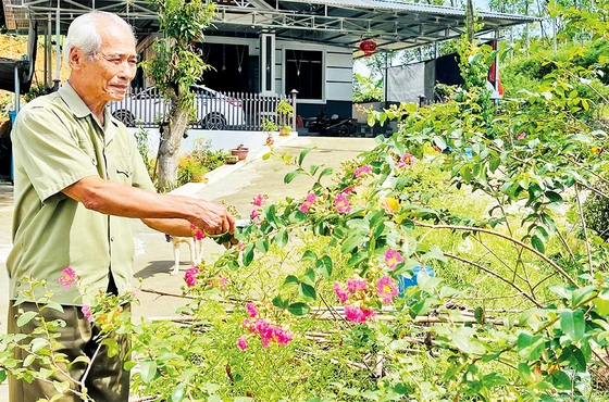 Thương binh Nguyễn Công Sáu chăm sóc vườn hoa của gia đình.