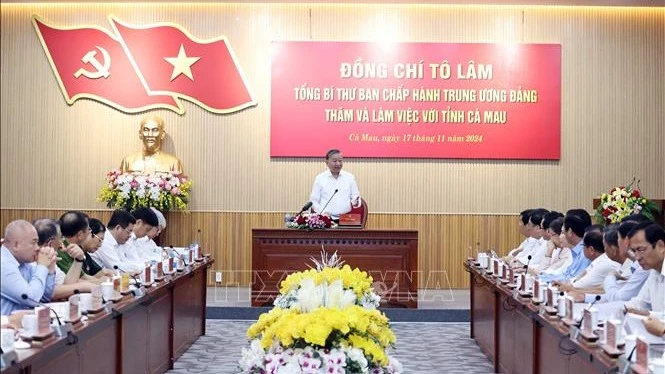 Tổng Bí thư Tô Lâm phát biểu chỉ đạo tại buổi làm việc với Ban Thường vụ Tỉnh ủy Cà Mau. (Ảnh: Thống Nhất/TTXVN)