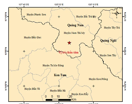 Bản đồ chấn tâm động đất tại khu vực huyện Nam Trà My (Quảng Nam) lúc 3 giờ 53 phút 3 giây ngày 23/11.