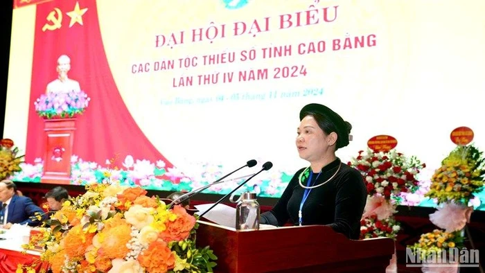 Thứ trưởng-Phó Chủ nhiệm Ủy ban Dân tộc Nông Thị Hà phát biểu ý kiến tại đại hội.