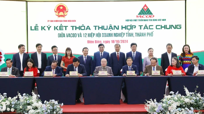 Đại diện lãnh đạo Hiệp hội doanh nghiệp các tỉnh và Hiệp hội Phát triển hàng tiêu dùng Việt Nam (VACOD) ký kết biên bản ghi nhớ hợp tác đầu tư.