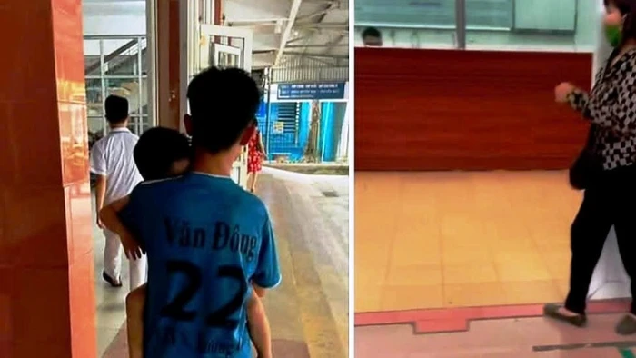 Hình ảnh cháu bé (trái) được đưa đến cấp cứu tại Bệnh viện Đa khoa tỉnh Nam Định. (Ảnh cắt từ video đăng trên mạng xã hội).