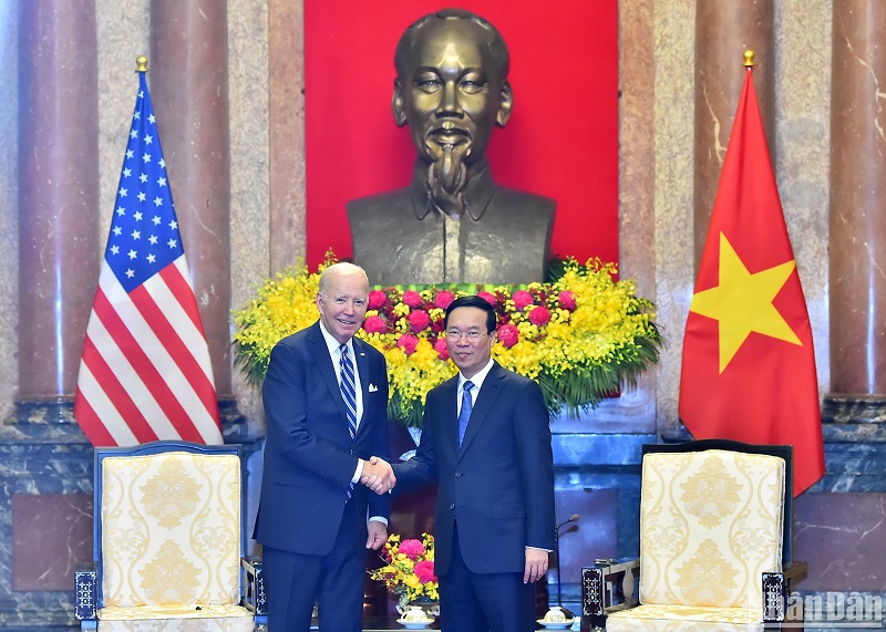 Chủ tịch nước Võ Văn Thưởng và Tổng thống Hoa Kỳ Joe Biden tại buổi tiếp. (Ảnh: THỦY NGUYÊN)