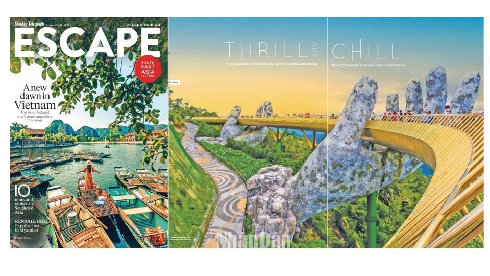 Escape đã dành hẳn 2 trang lớn để đăng tải hình ảnh lung linh của cây Cầu Vàng, Đà Nẵng. 