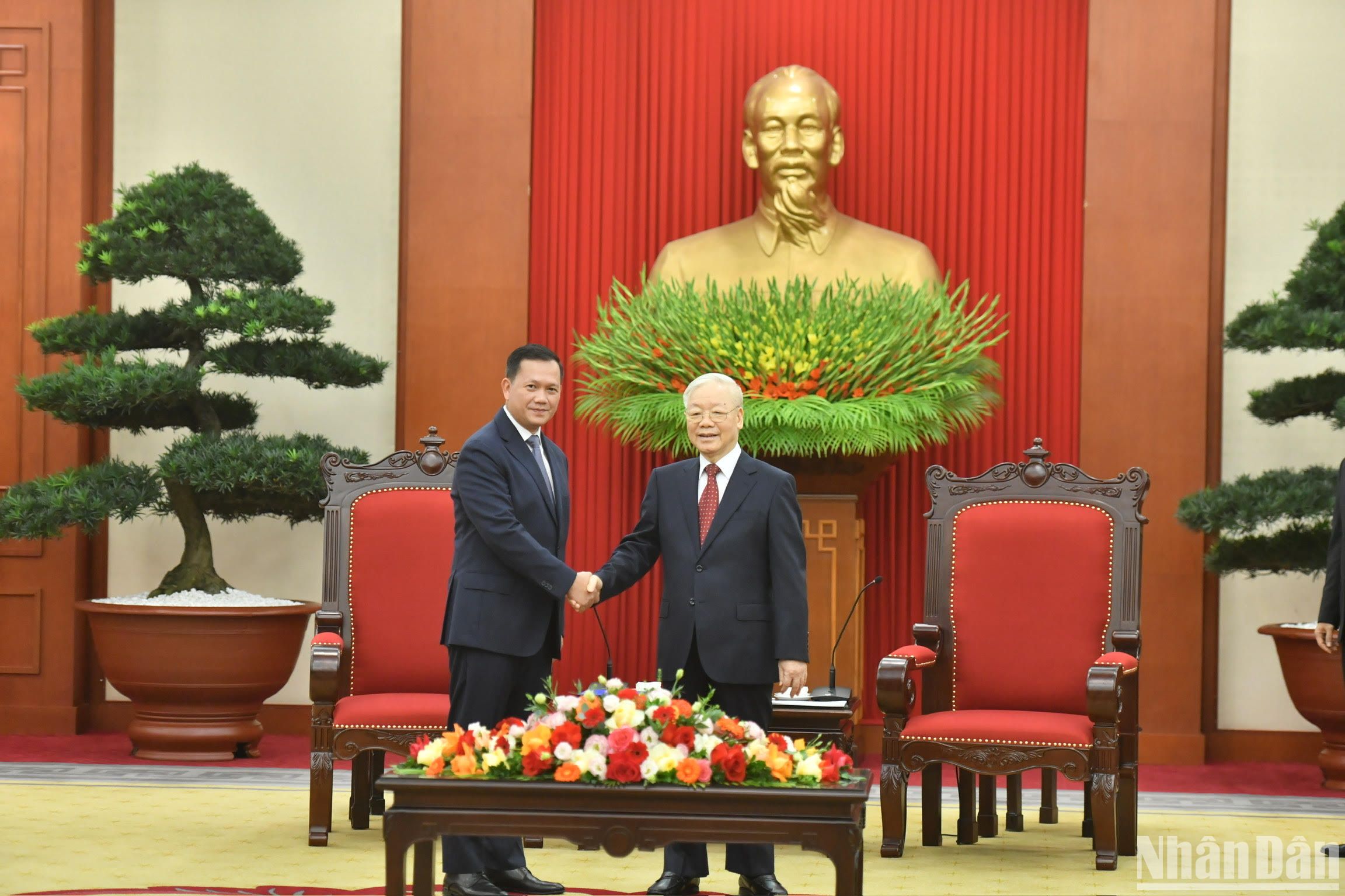 [Ảnh] Tổng Bí thư Nguyễn Phú Trọng tiếp Thủ tướng Vương quốc Campuchia Samdech Moha Bovor Thipadei Hun Manet